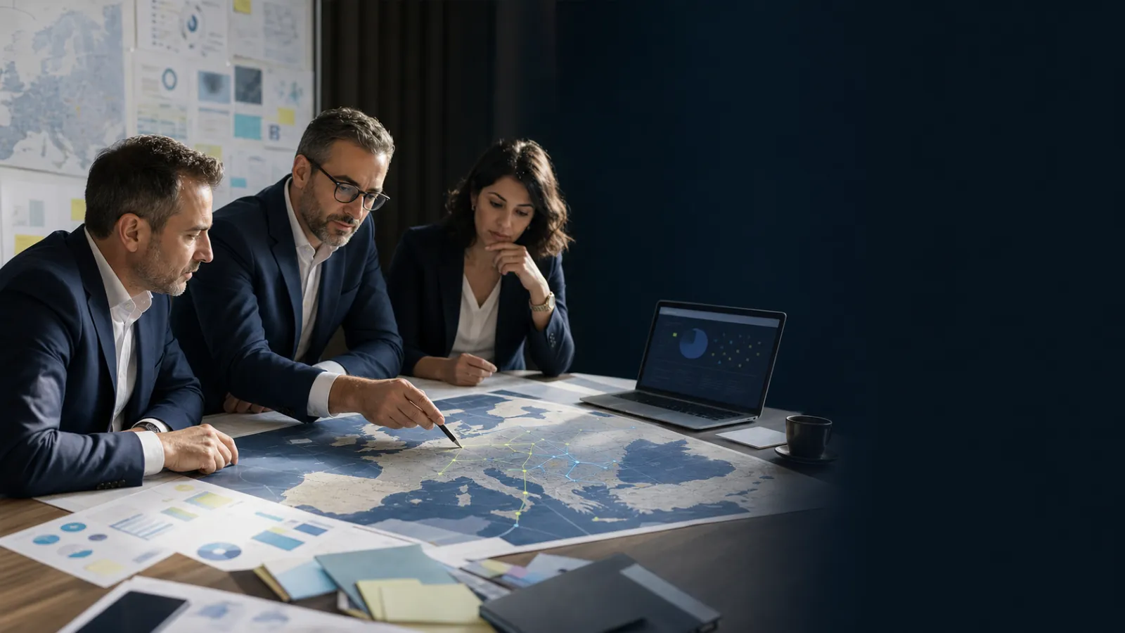 Echipă de conducere analizând un roadmap etapizat pentru extinderea companiei în Europa