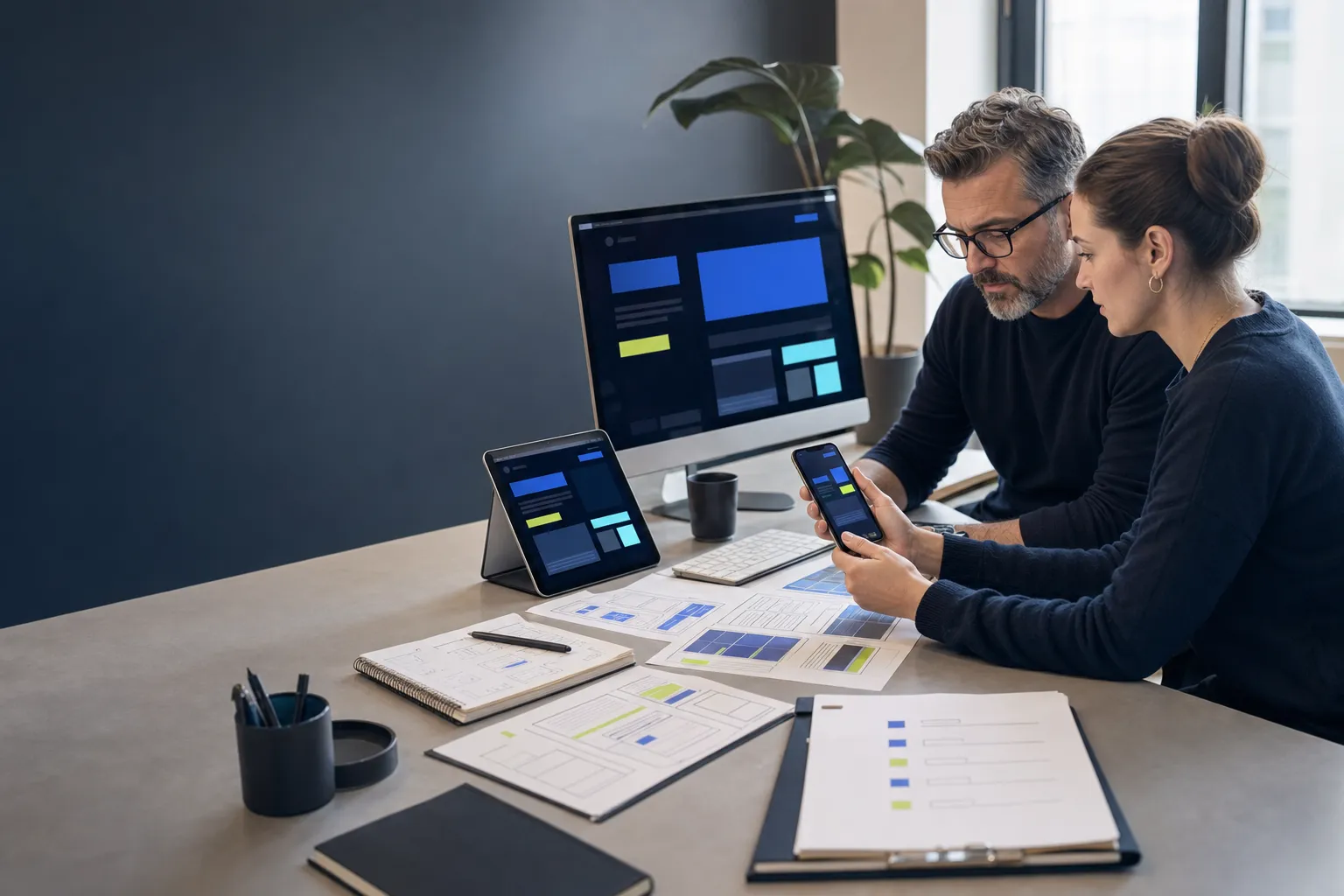 Designer UX și dezvoltator verificând un website premium pe desktop, tabletă și mobil